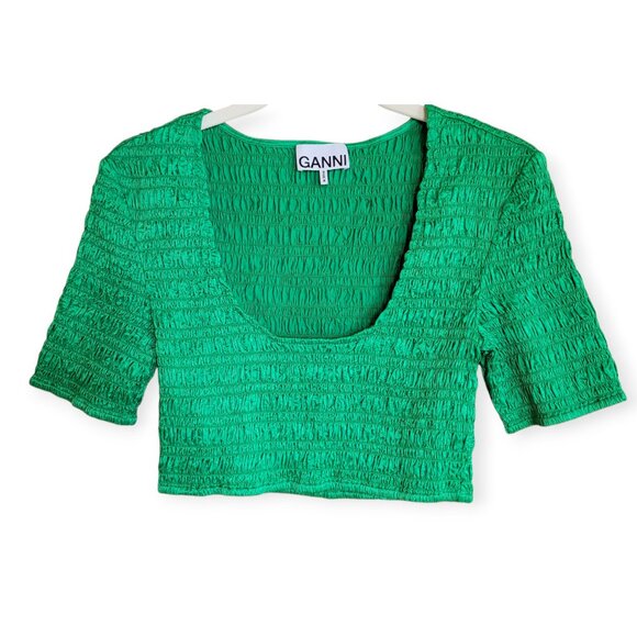 GANNI Green Smocked Cropped Top XS Square Neck Short Sleeve Sustainable Fabric - Picture 6 of 16